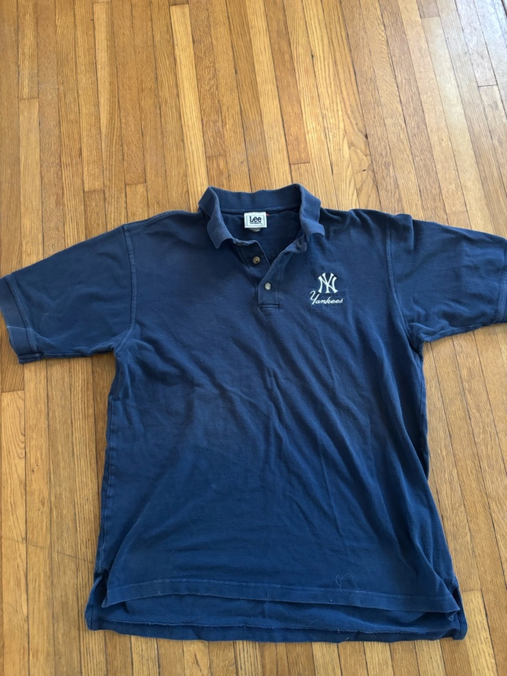 Vintage Lee Navy Polo Shirt with White Yankees Embroidered Logo Large